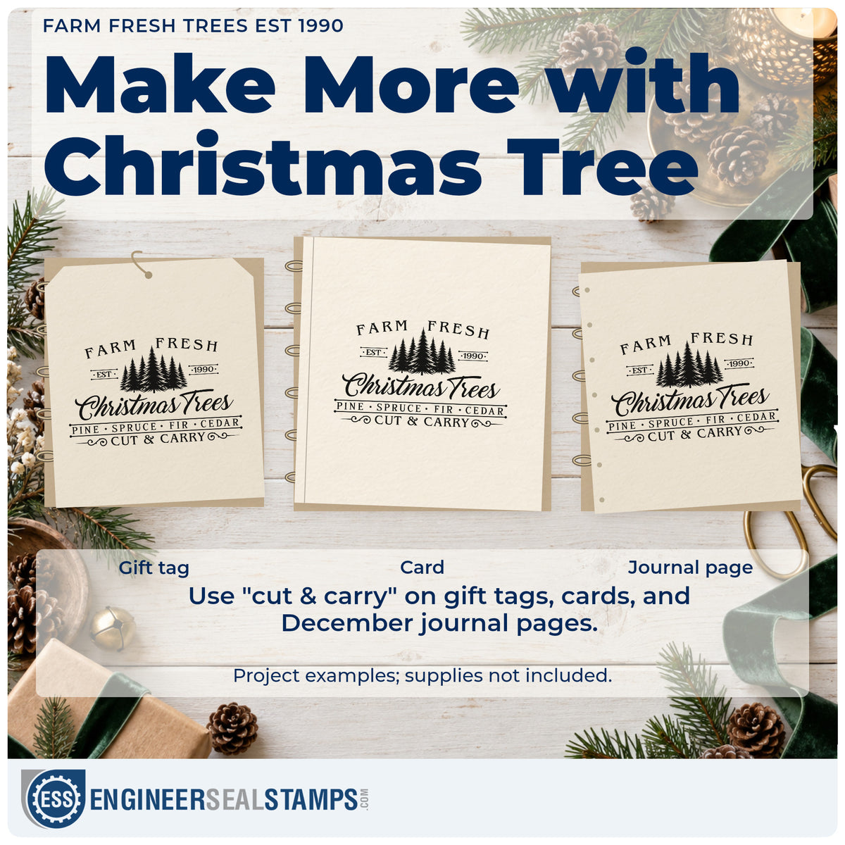 Three project examples made with the Farm Fresh Trees Est 1990 Hand Stamp – Duo, including season tally sheet.