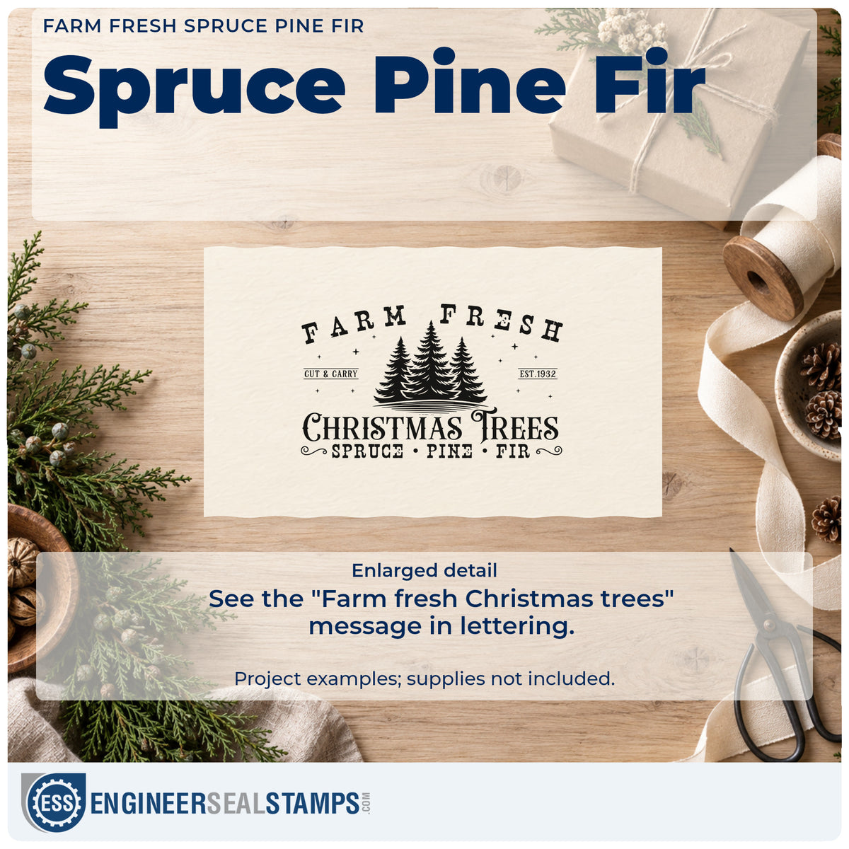 Enlarged detail of the Farm Fresh Spruce Pine Fir Rubber Stamp – Wood Handle imprint. The words "Farm fresh Christmas trees" appear around a row of pines with "spruce pine fir," stars, and cut-and-carry text.