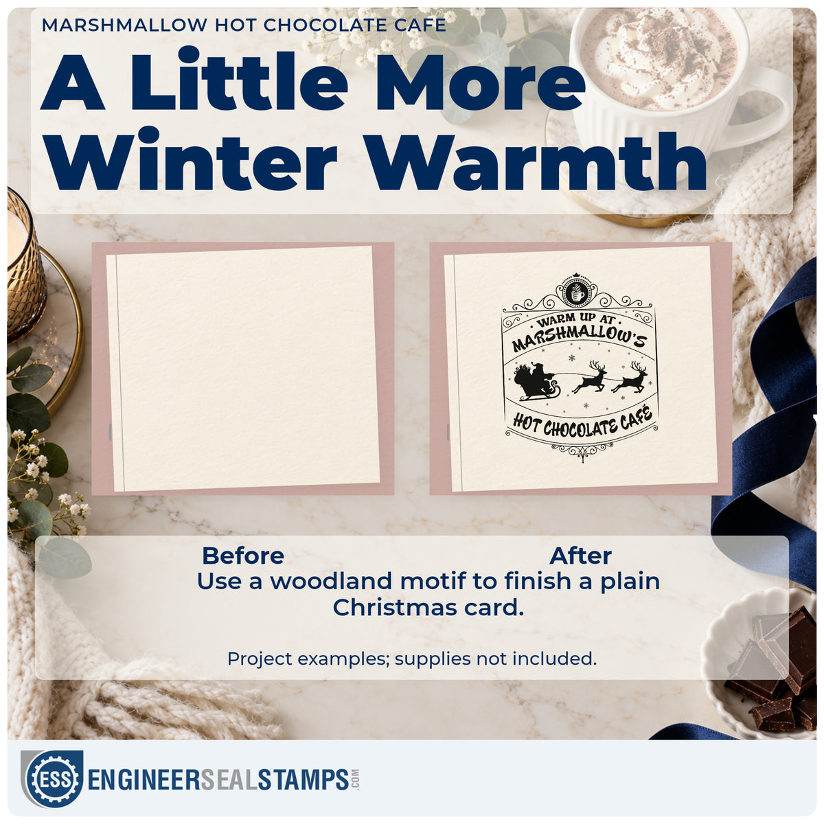 Before and after of a plain item finished with the Slim Pre-Inked Marshmallow Hot Chocolate Cafe Stamp, a quick upgrade for framed cafe window.