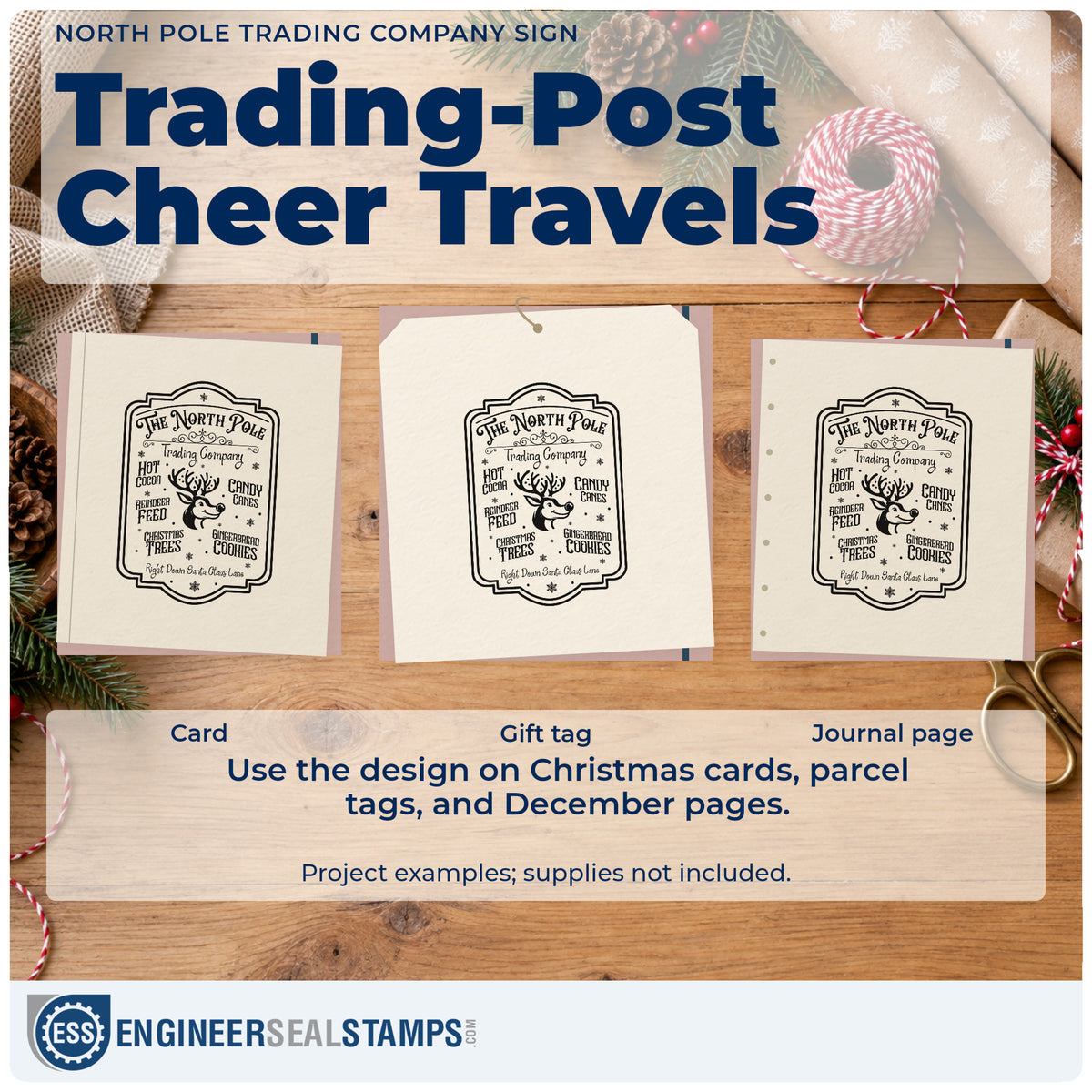 Three project examples made with the North Pole Trading Company Sign Wood-Mounted Rubber Stamp, including stock order sheet.