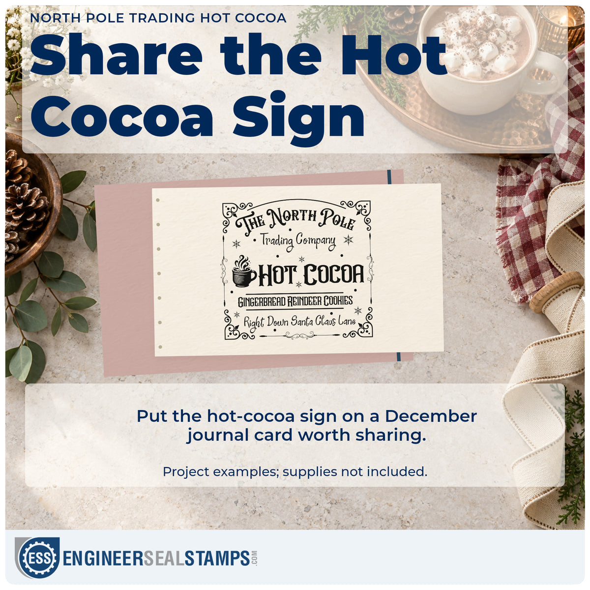 A finished handmade project stamped with the North Pole Trading Hot Cocoa Slim Pre-Inked Stamp, ideal for counter album page.