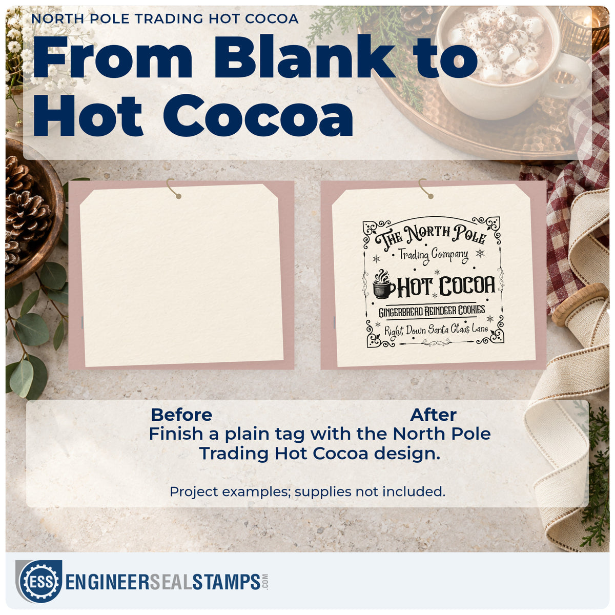 Before and after of a plain item finished with the North Pole Trading Hot Cocoa Stamp – Duo Hand, a quick upgrade for framed menu board.