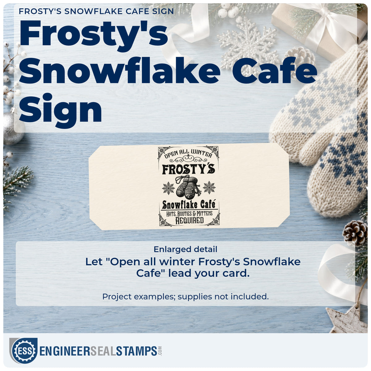 Enlarged detail of the Frosty's Snowflake Cafe Sign Premium Wood-Mounted Stamp – Vintage Pro imprint. A vintage sign reads "Open all winter Frosty's Snowflake Cafe" with mittens, snowflakes, and a hats-boots-mittens requirement.