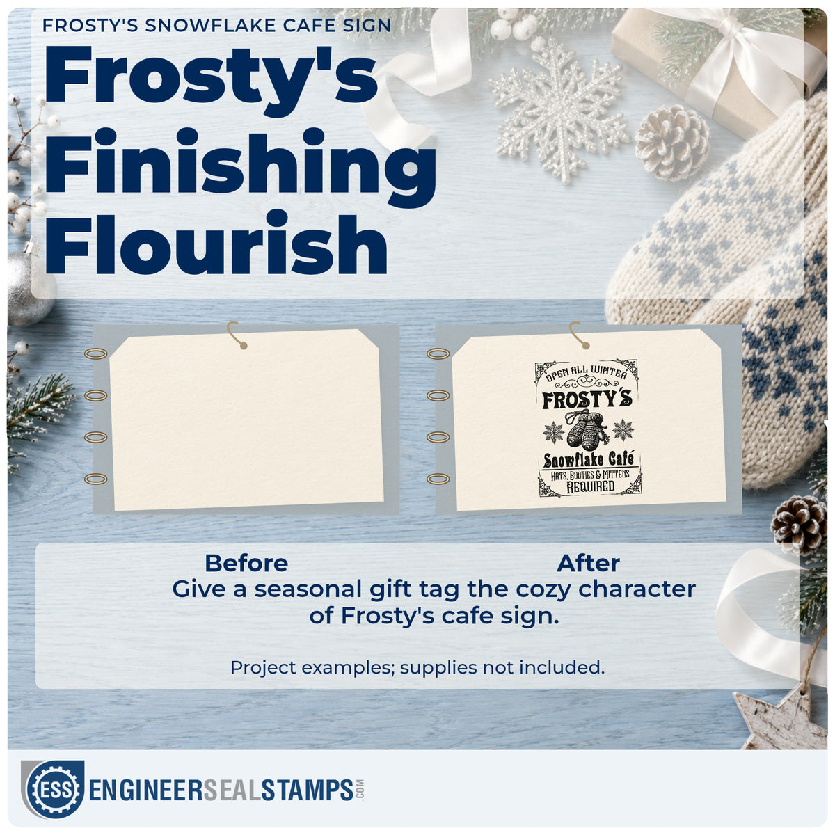 Before and after of a plain item finished with the Frosty's Snowflake Cafe Sign Rubber Stamp – Duo Hand, a quick upgrade for framed entry door.