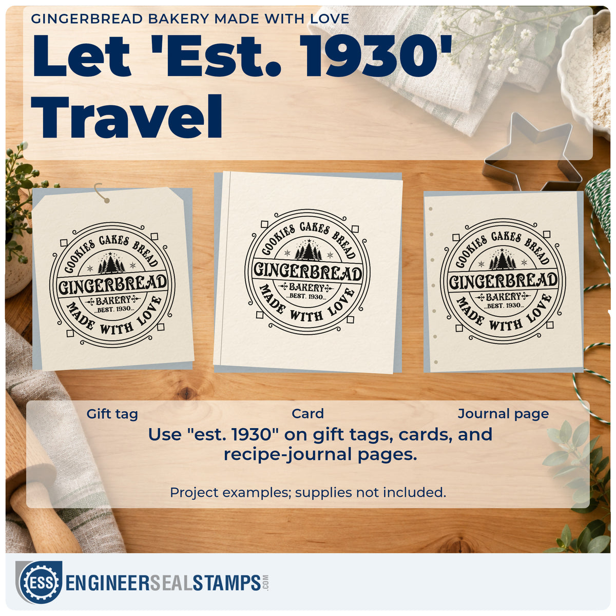 Three project examples made with the Duo Hand Cookies Cakes Bread Gingerbread Bakery Made With Love Rubber Stamp, including legacy menu sheet.