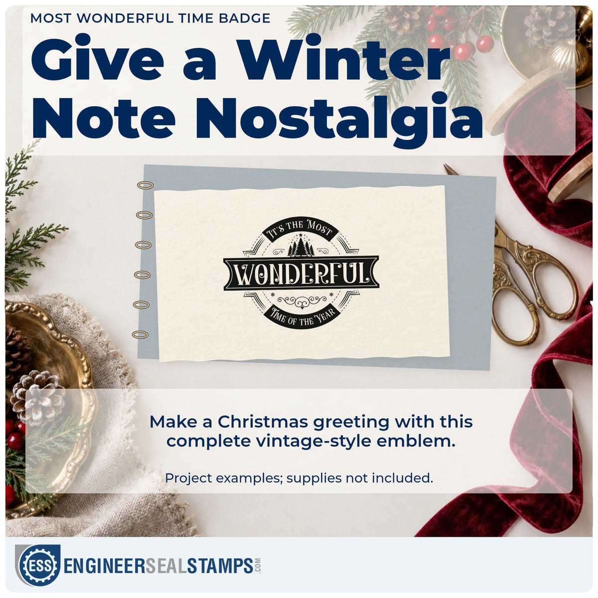 A finished handmade project stamped with the Most Wonderful Time Badge Stamp – Slim Pre-Inked, ideal for season quote album.
