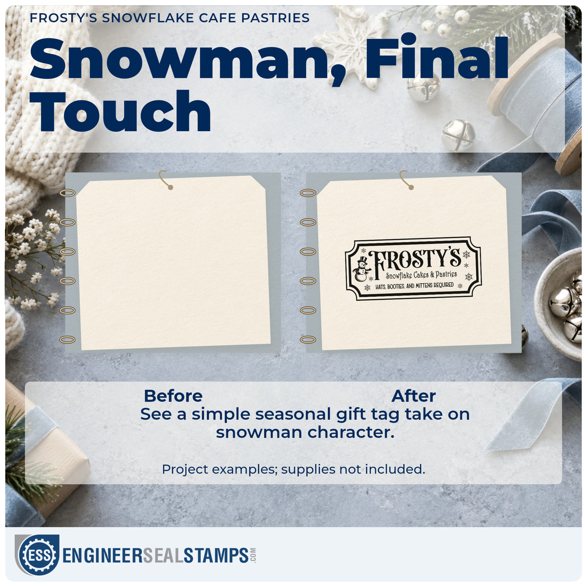 Before and after of a plain item finished with the Frosty's Snowflake Cafe & Pastries Hand Stamp – Duo, a quick upgrade for framed order counter.