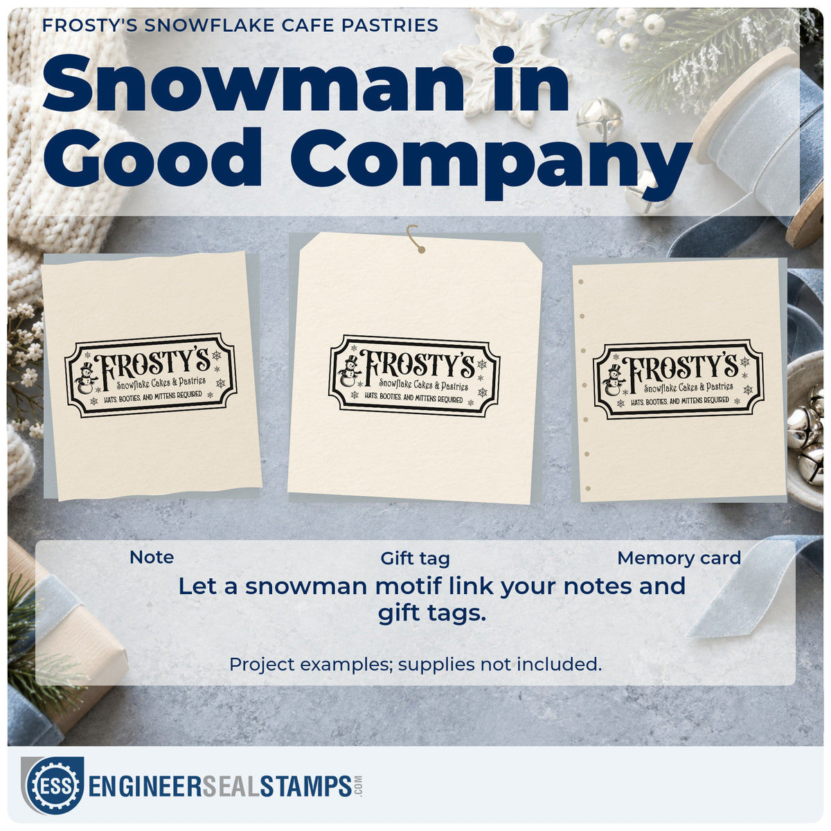 Three project examples made with the Frosty's Snowflake Cafe & Pastries Hand Stamp – Duo, including morning bake sheet.