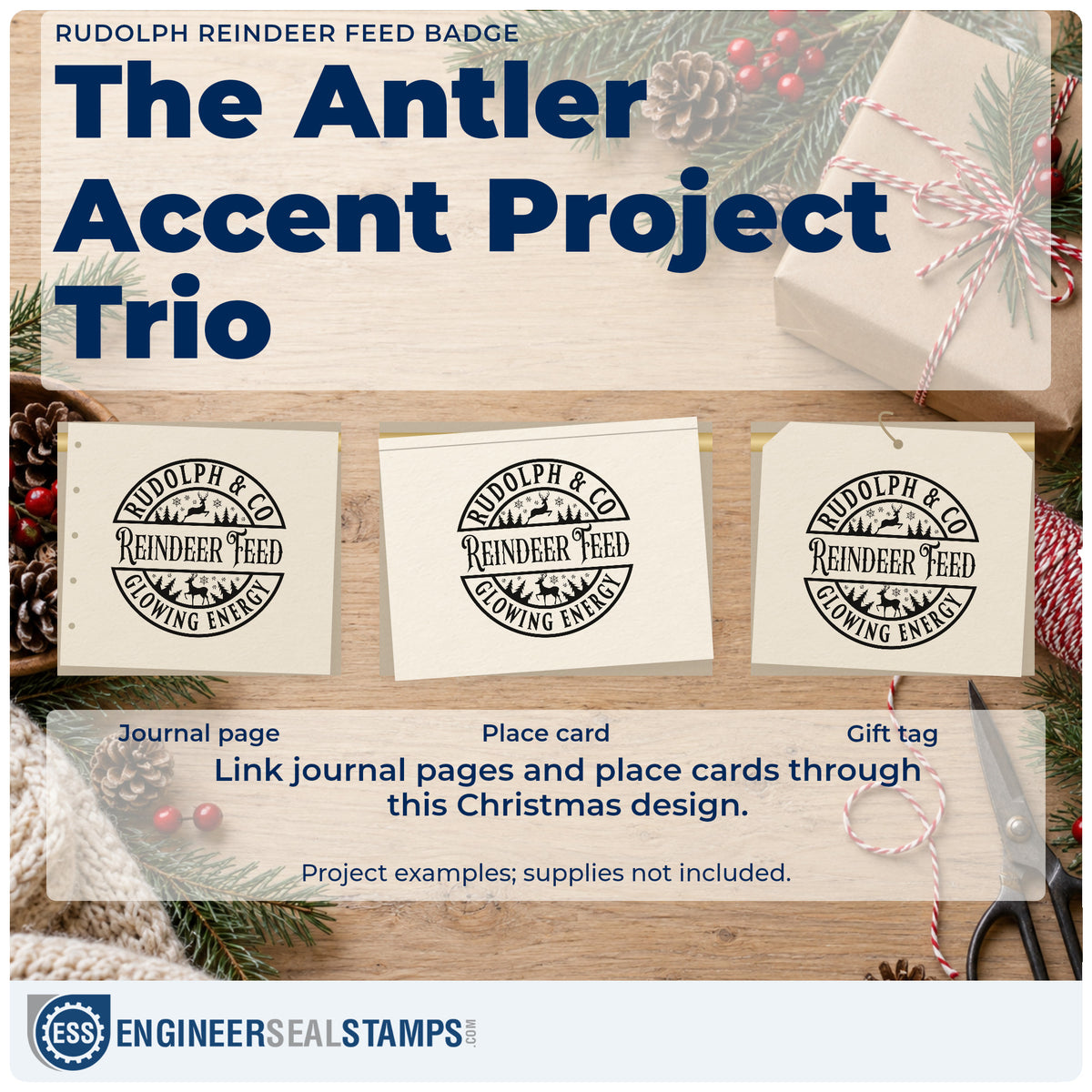 Three project examples made with the Rudolph Reindeer Feed Badge Rubber Stamp – Duo Hand, including ration plan sheet.
