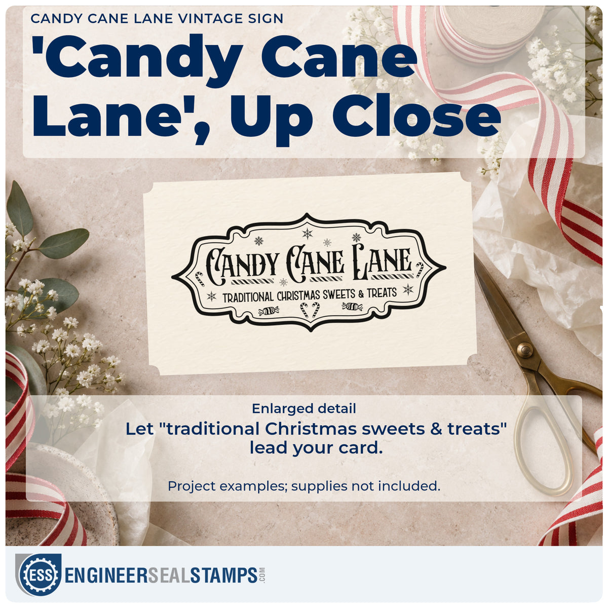 Enlarged detail of the Candy Cane Lane Vintage Sign Premium Wooden Stamp – Vintage Pro imprint. An ornate horizontal sign reads "Candy Cane Lane" and "traditional Christmas sweets & treats."