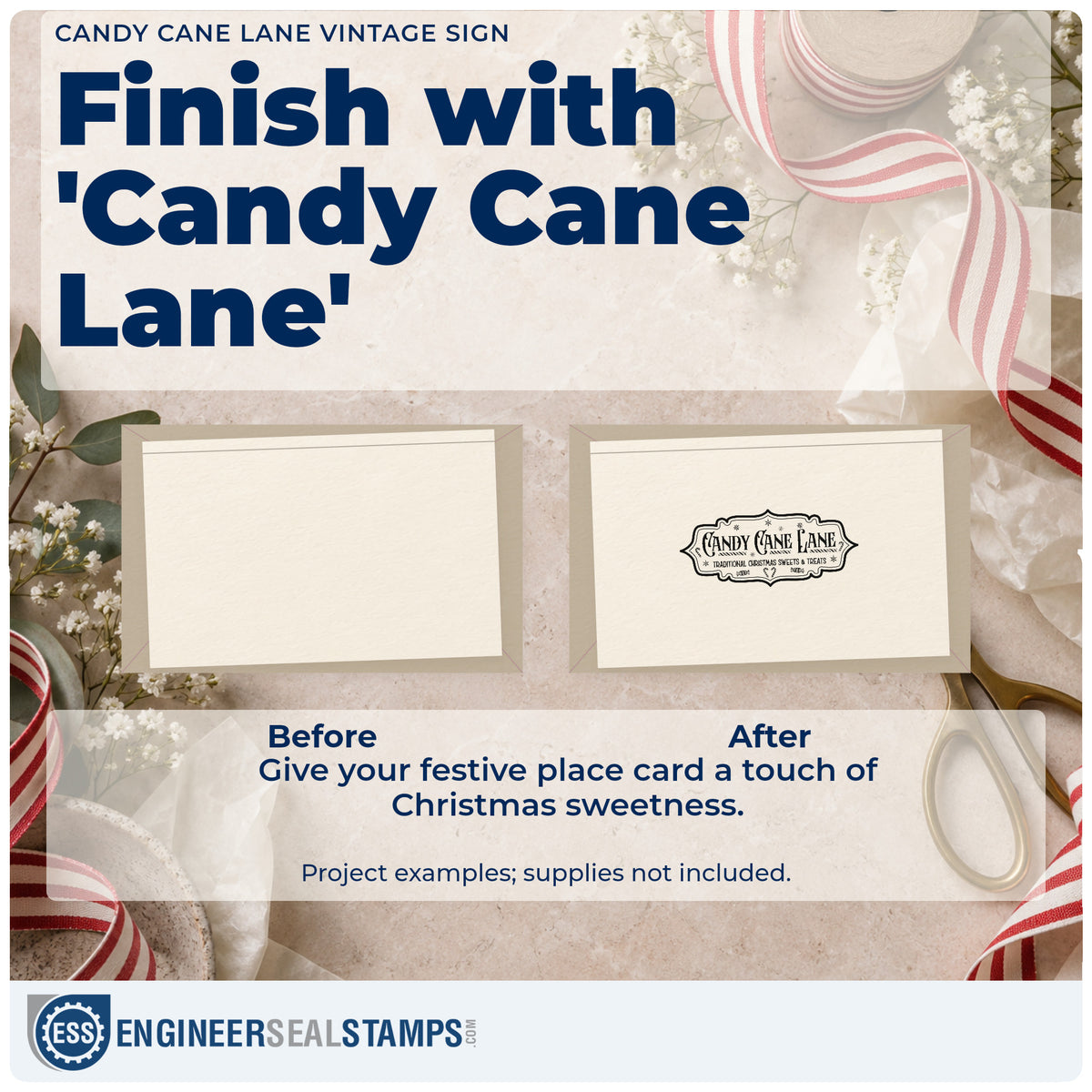 Before and after of a plain item finished with the PSI Pre-Inked Candy Cane Lane Vintage Sign Stamp, a quick upgrade for framed over doorway.