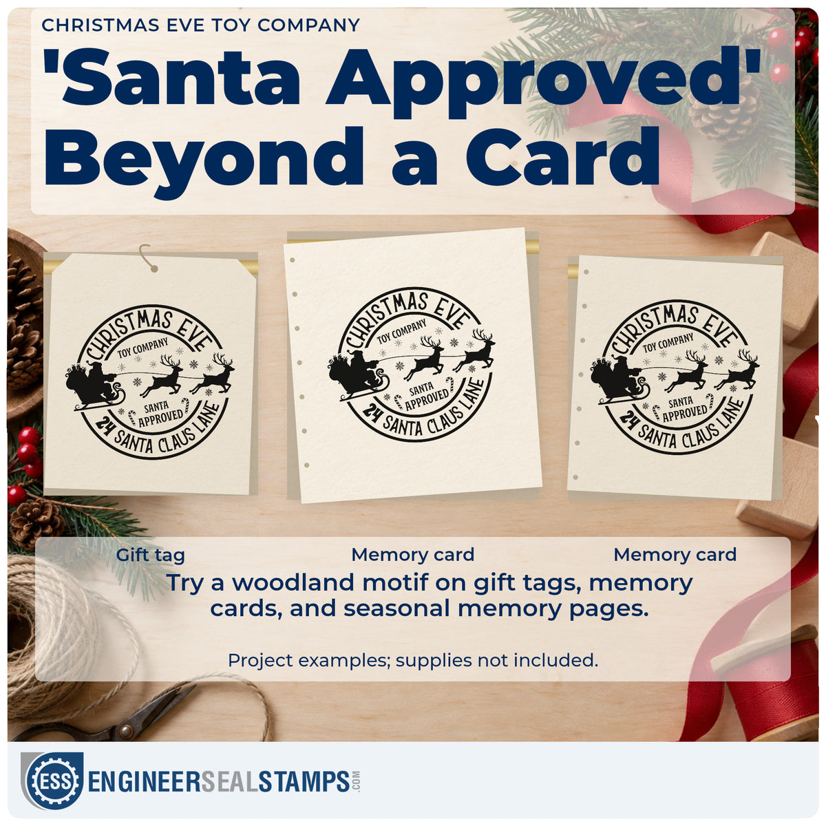 Three project examples made with the Slim Pre-Inked Christmas Eve Toy Company Reindeer Stamp, including build order sheet.
