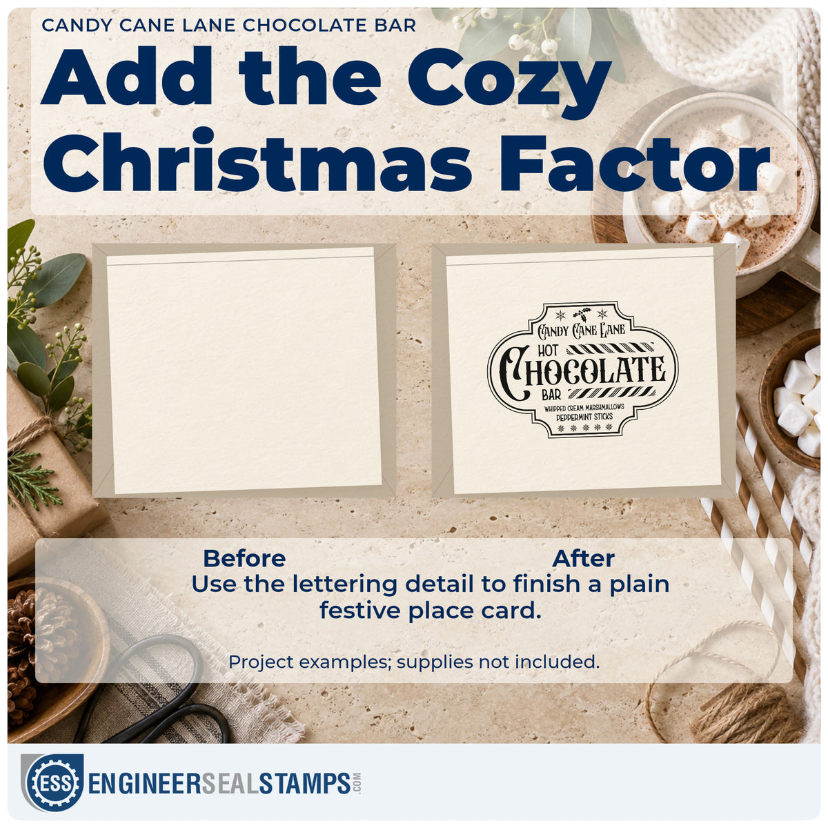 Before and after of a plain item finished with the Candy Cane Lane Hot Chocolate Bar Self-Inking Stamp, a quick upgrade for framed bar back.