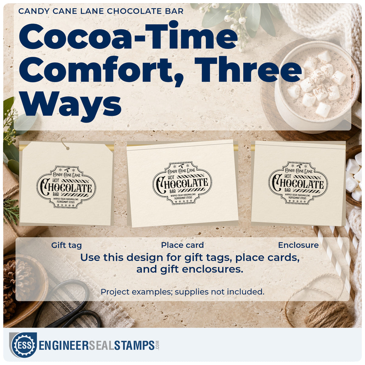 Three project examples made with the Candy Cane Lane Hot Chocolate Bar PSI Pre-Inked Stamp, including supply count sheet.