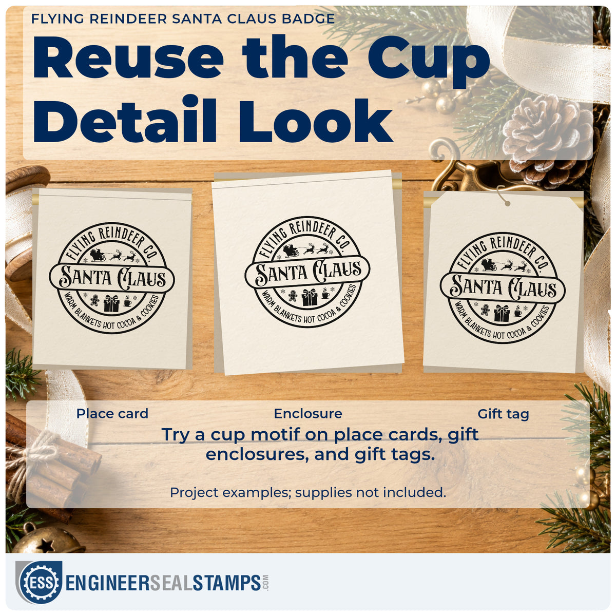Three project examples made with the Flying Reindeer Santa Claus Badge Pre-Inked Stamp – PSI, including offering list sheet.