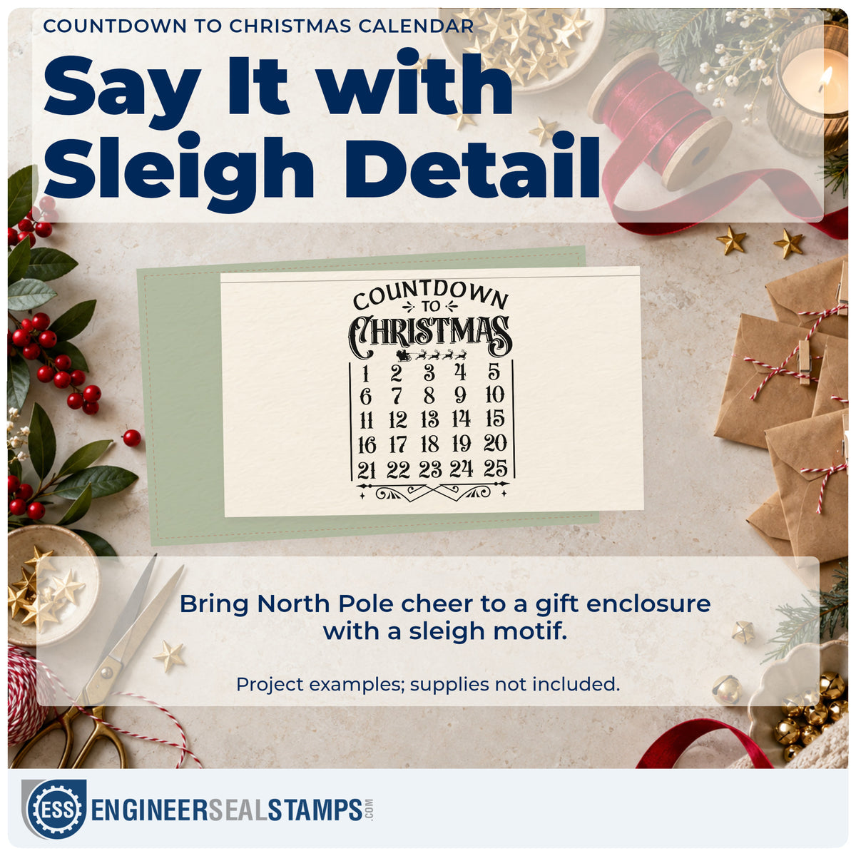 A finished handmade project stamped with the Countdown To Christmas Calendar Sleigh Wood Handle Stamp, ideal for daily photo album.