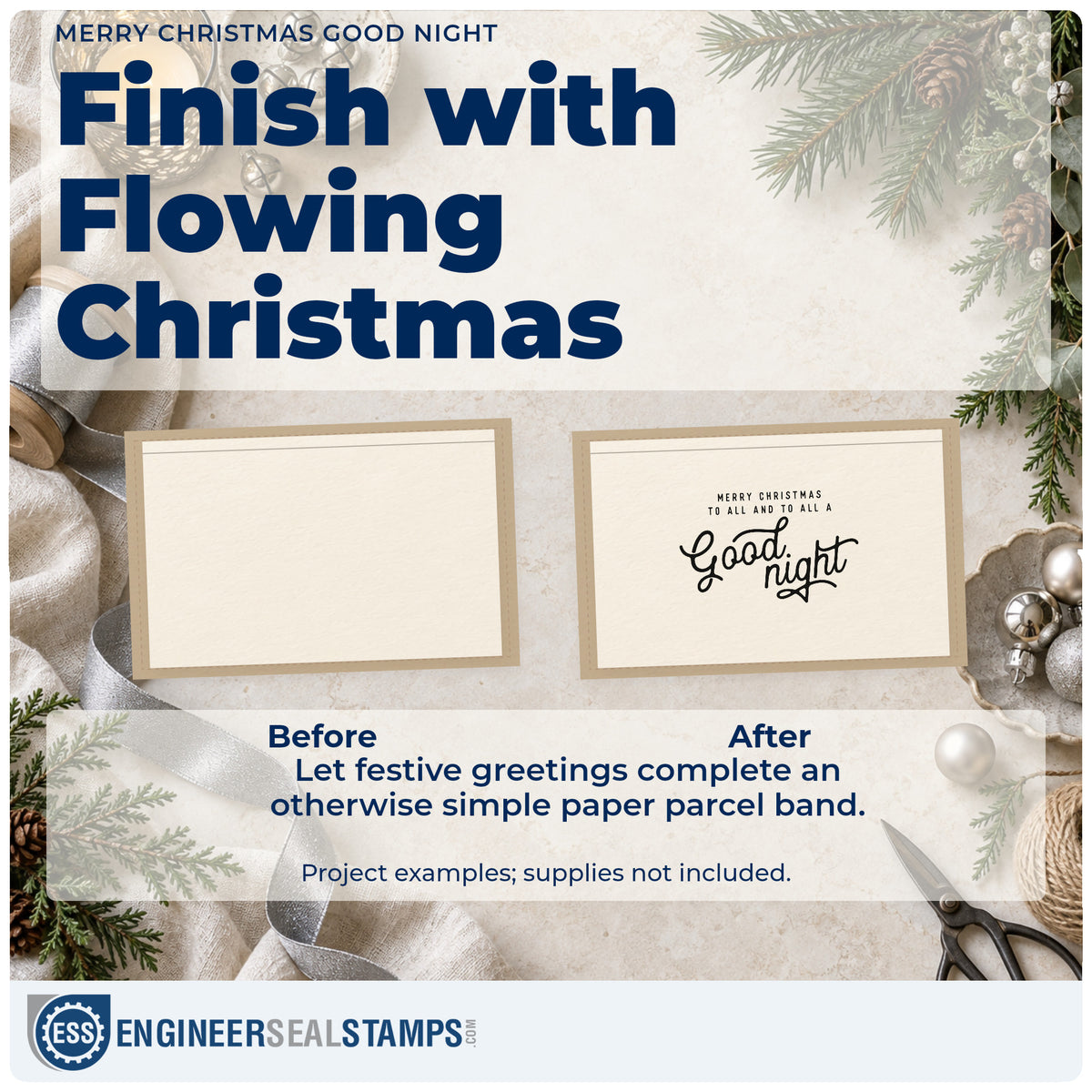 Before and after of a plain item finished with the Merry Christmas To All And To All A Good Night Hand Stamp – Duo, a quick upgrade for framed bedside wall.