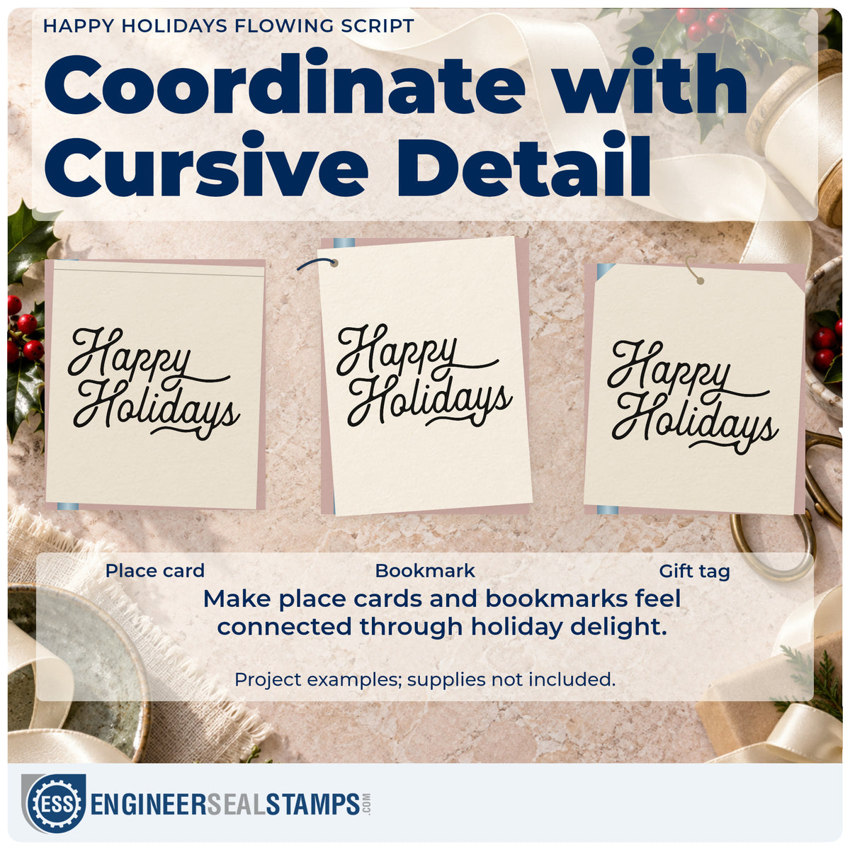 Three project examples made with the Happy Holidays Flowing Script Lettering Stamp – Duo Hand, including sign off note sheet.