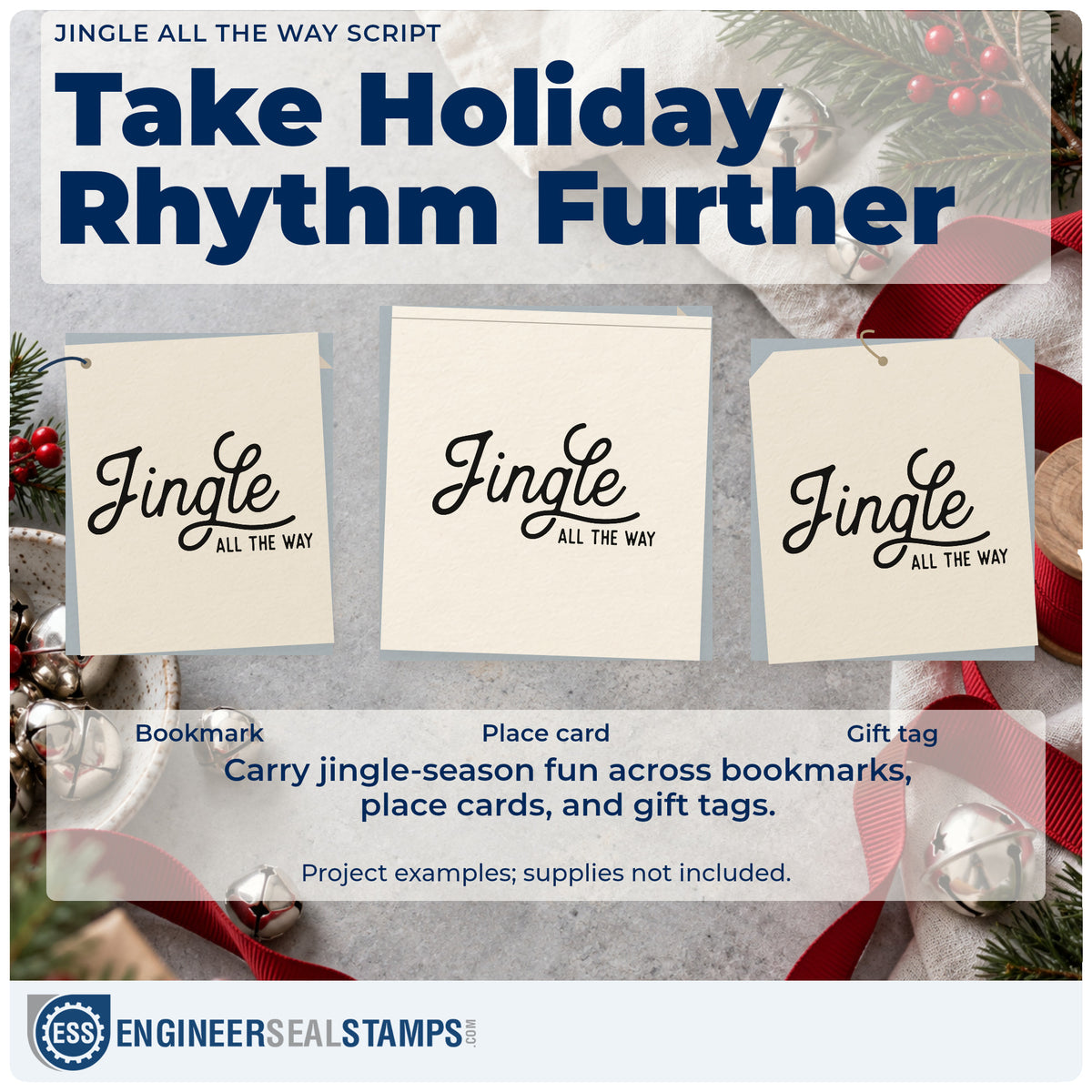 Three project examples made with the Jingle All The Way Script Lettering Self-Inking Stamp, including title sub sheet.