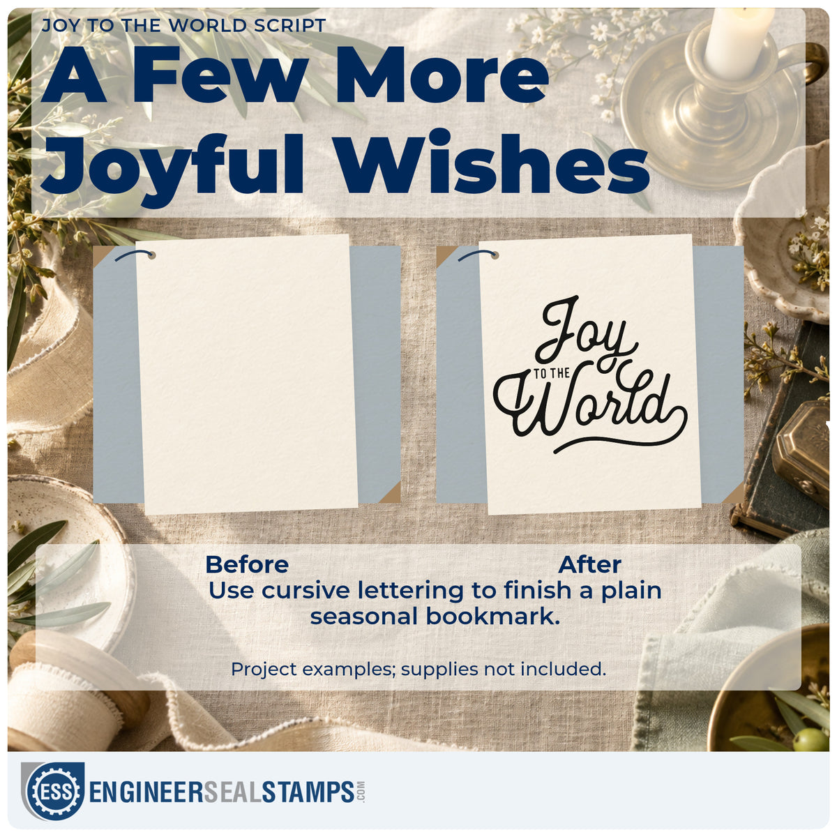 Before and after of a plain item finished with the Joy To The World Script Stamp – Self-Inking, a quick upgrade for framed big print.