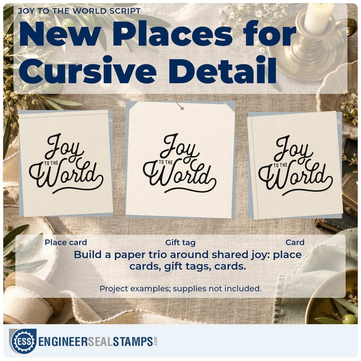 Three project examples made with the Joy To The World Script Stamp – Self-Inking, including lead line sheet.