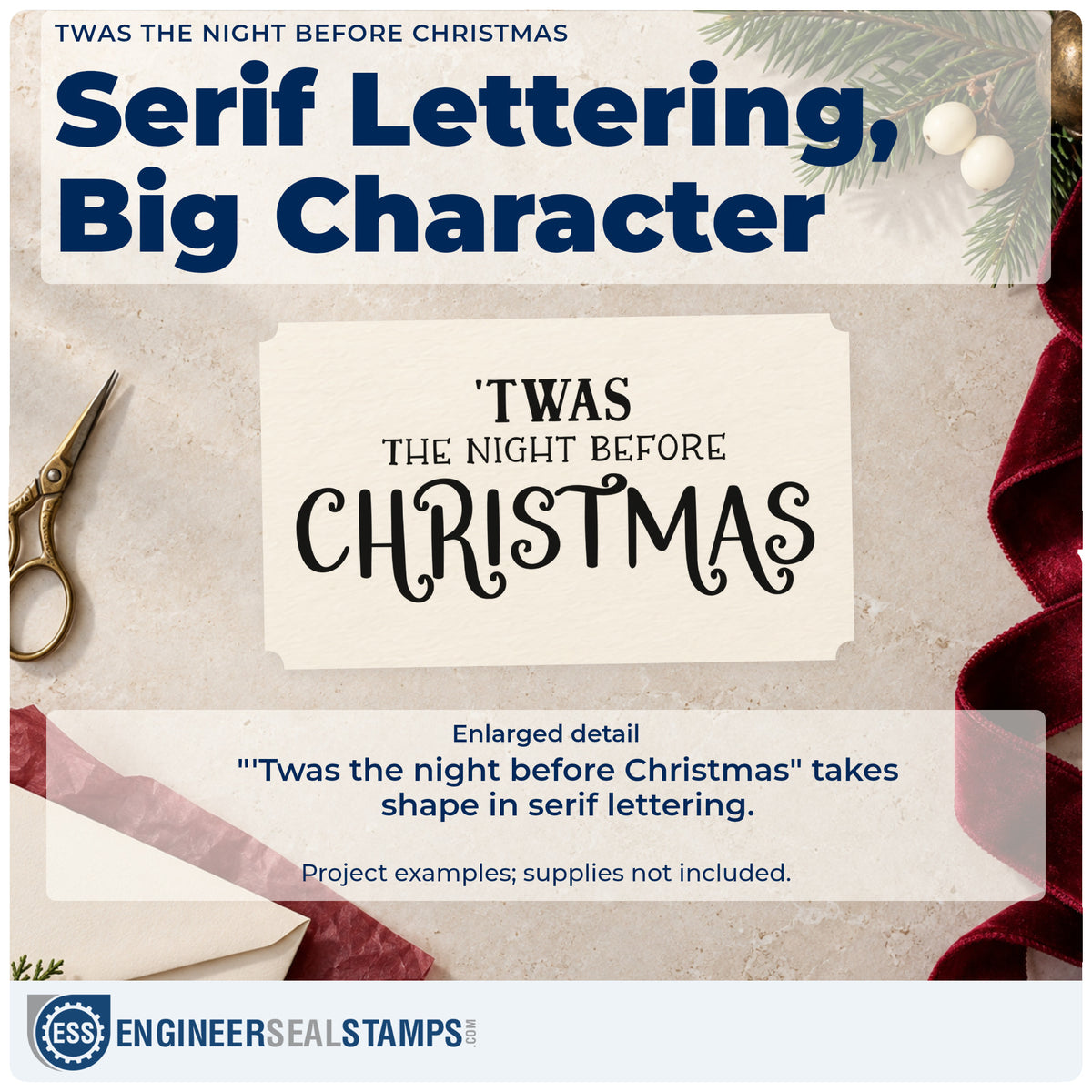 Enlarged detail of the 'Twas The Night Before Christmas Serif Lettering Compact Pre-Inked Stamp – Slim imprint. The words "'Twas the night before Christmas" appear in stacked serif lettering with decorative capitals.