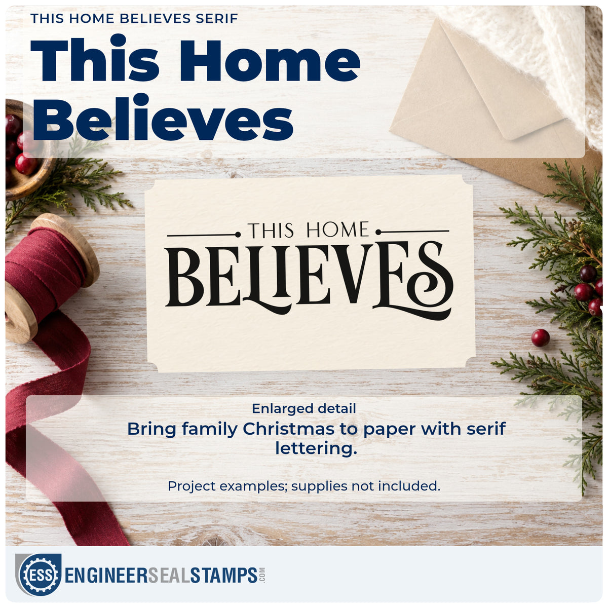 Enlarged detail of the This Home Believes Serif Lettering Rubber Stamp – Duo Hand imprint. The words "This home believes" appear in decorative serif lettering with thin horizontal lines.