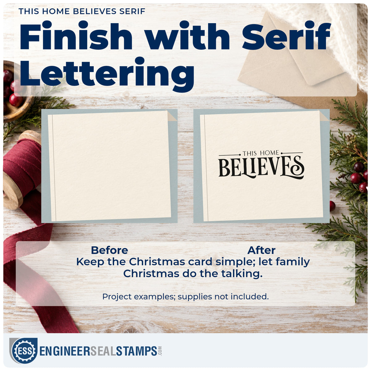 Before and after of a plain item finished with the This Home Believes Serif Lettering Rubber Stamp – Duo Hand, a quick upgrade for runner line printing.