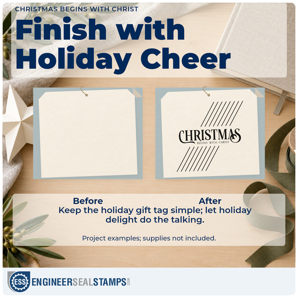 Before and after of a plain item finished with the Christmas Begins With Christ Lettering Rubber Stamp – Wood Handle, a quick upgrade for framed angled mat.