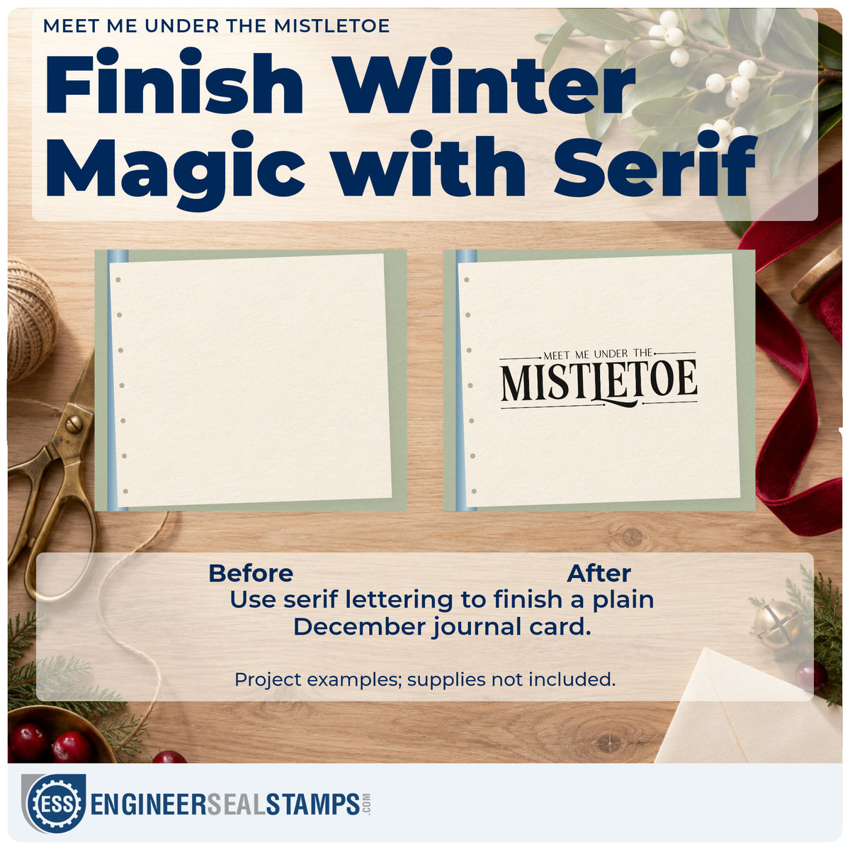 Before and after of a plain item finished with the Meet Me Under The Mistletoe Stamp – Premium Vintage Pro Wooden, a quick upgrade for framed sample board.