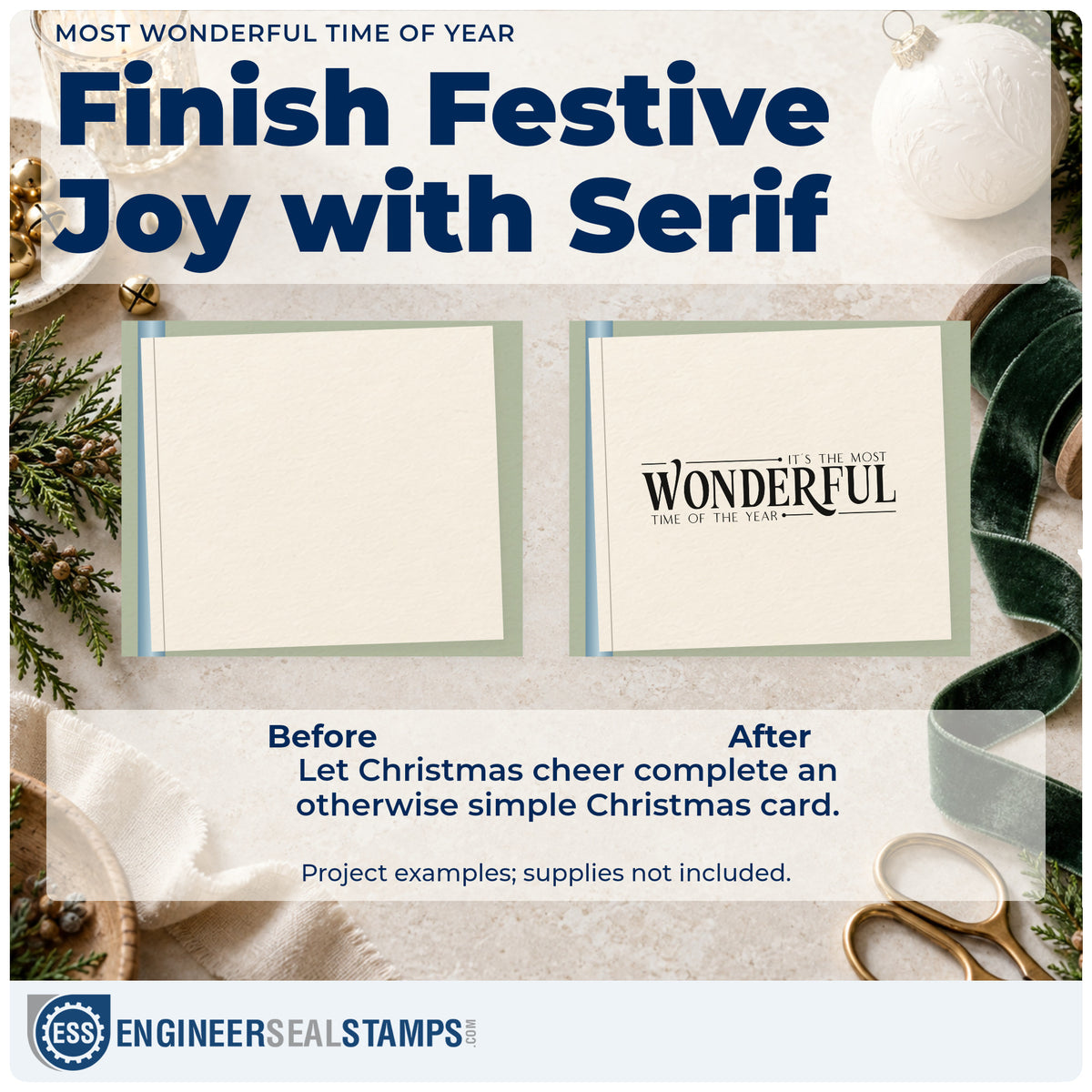 Before and after of a plain item finished with the It's The Most Wonderful Time Of The Year Serif Lettering Stamp – Self-Inking, a quick upgrade for framed display wall.