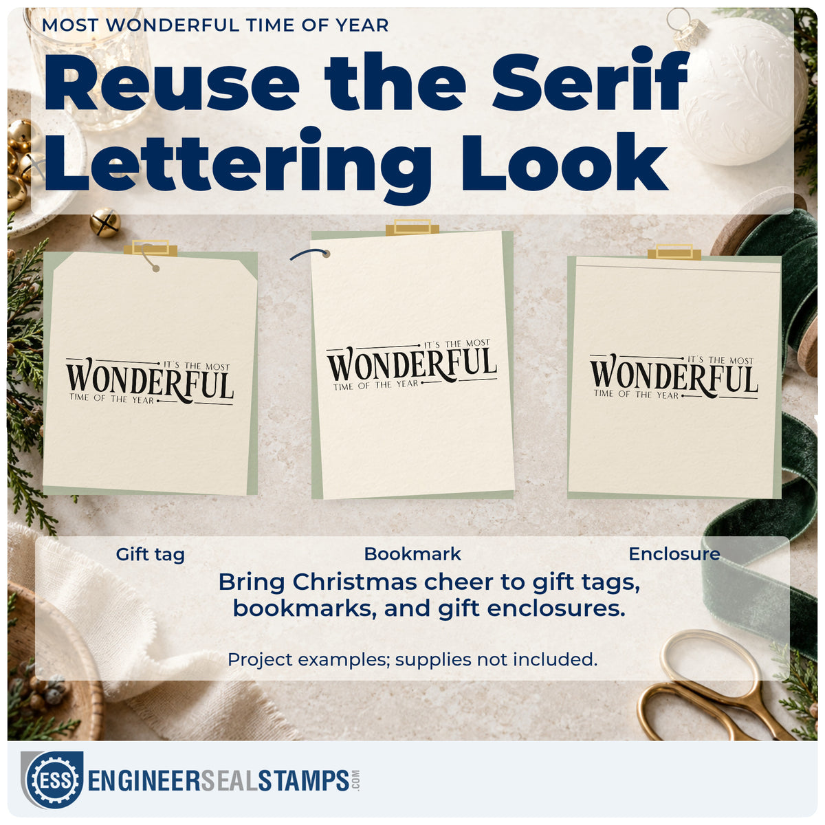 Three project examples made with the It's The Most Wonderful Time Of The Year Serif Lettering Stamp – Self-Inking, including highlight plan sheet.