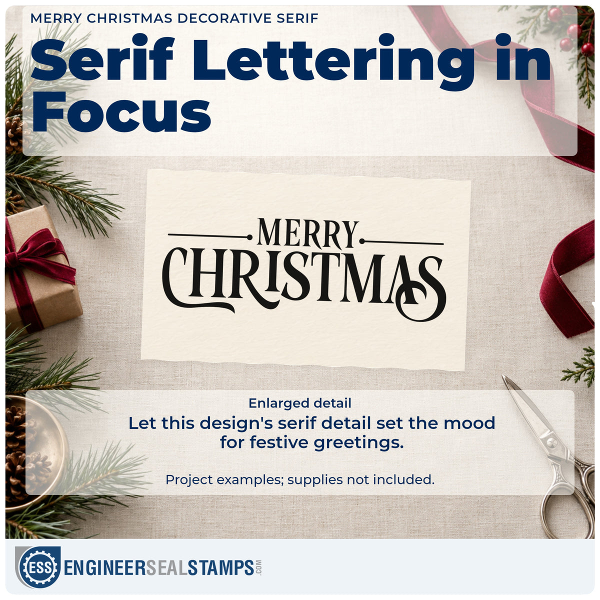 Enlarged detail of the Merry Christmas Premium Wood-Mounted Stamp – Vintage Pro imprint. The words "Merry Christmas" appear in large decorative serif letters with horizontal line accents.