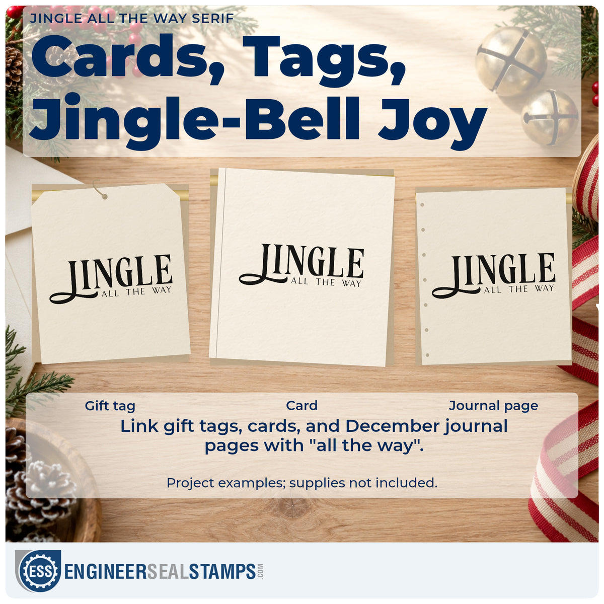 Three project examples made with the Jingle All The Way Serif Lettering Rubber Stamp – Duo Hand, including sign off note sheet.
