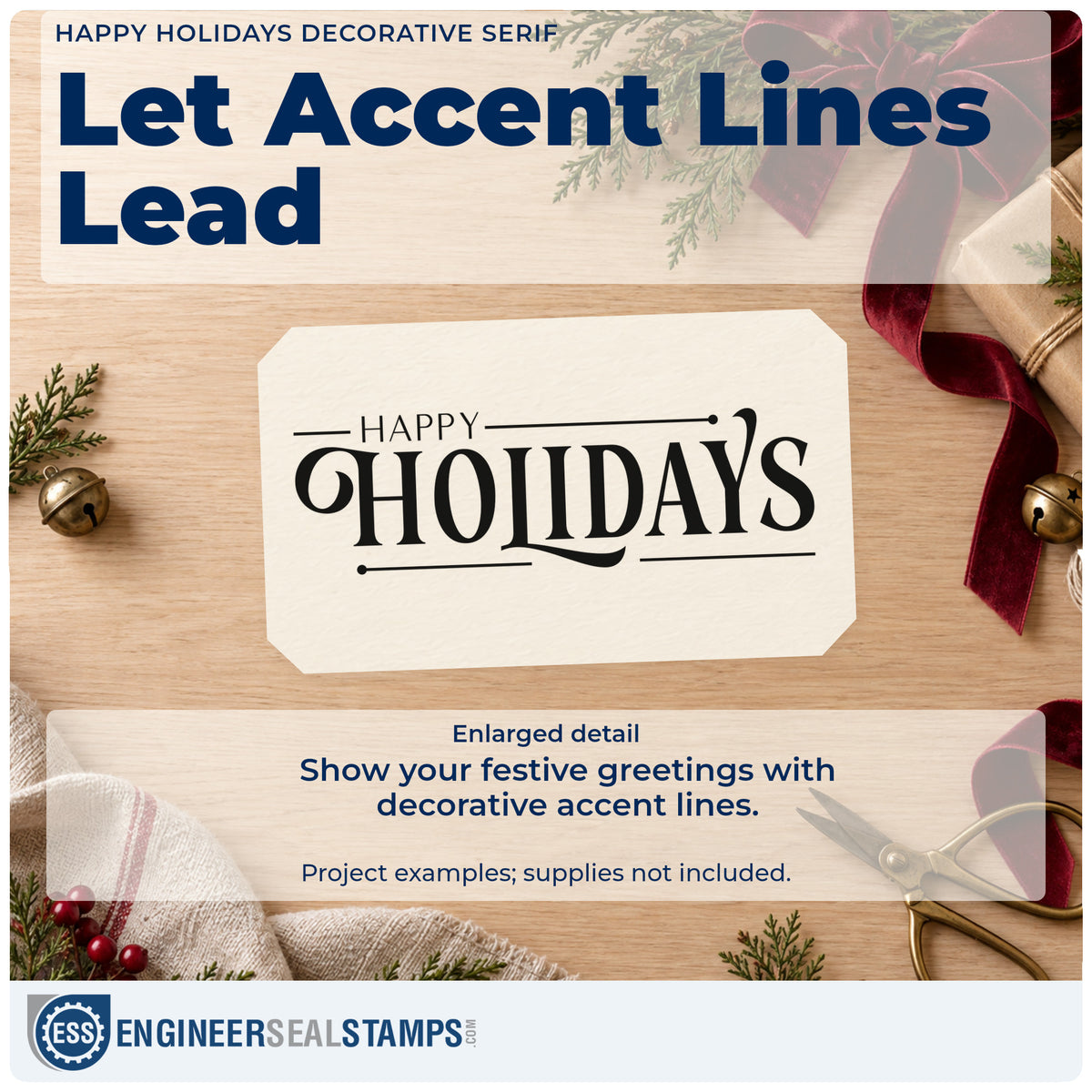 Enlarged detail of the Happy Holidays Decorative Serif Duo Hand Stamp imprint. The words "Happy holidays" appear in decorative serif lettering with thin horizontal rules.
