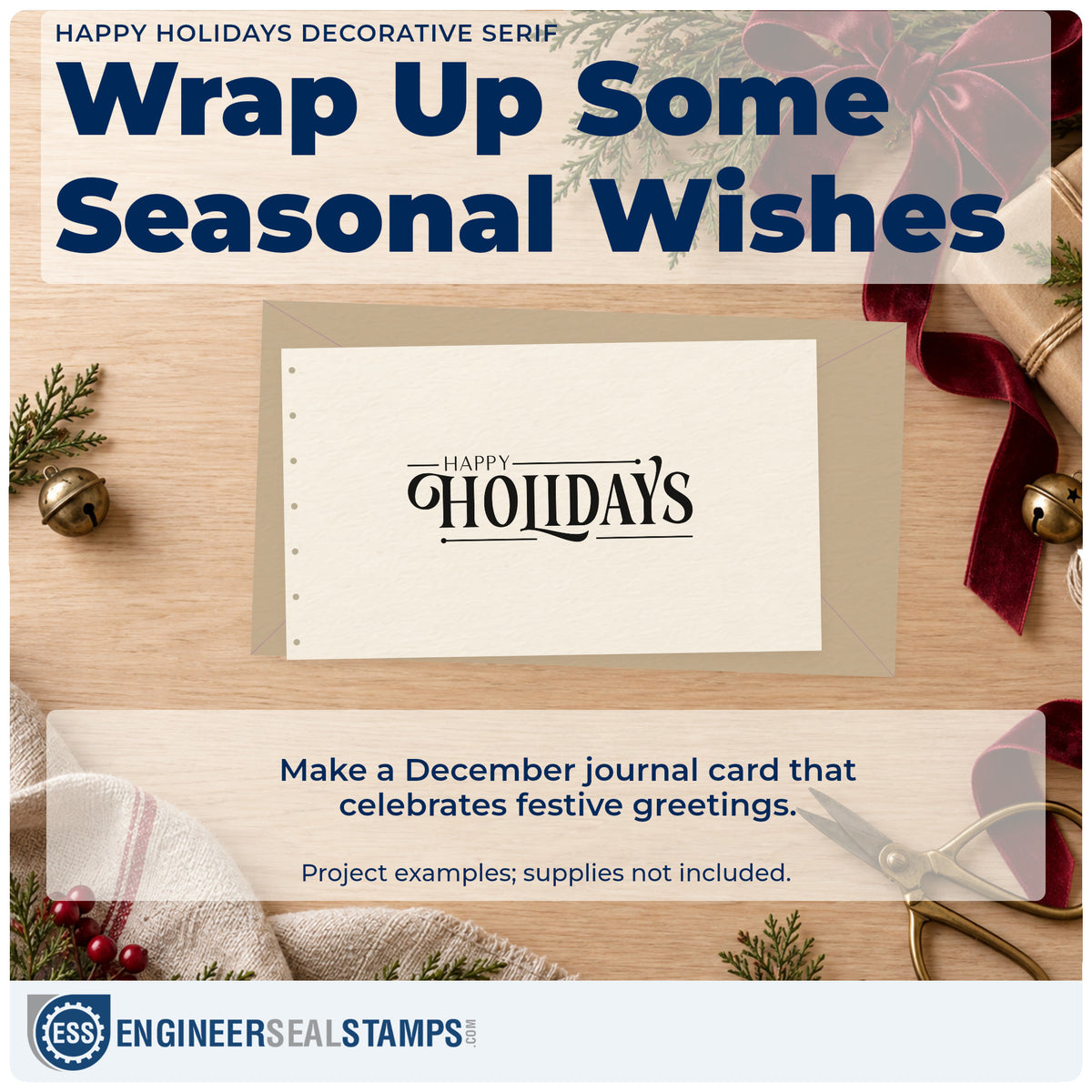A finished handmade project stamped with the Happy Holidays Decorative Serif Duo Hand Stamp, ideal for team year album.