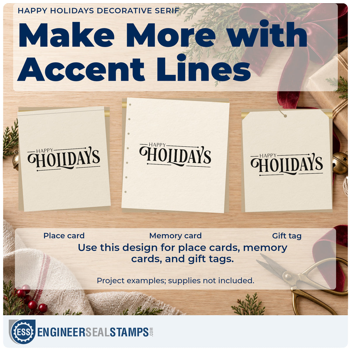 Three project examples made with the Happy Holidays Decorative Serif Duo Hand Stamp, including mailing roster sheet.