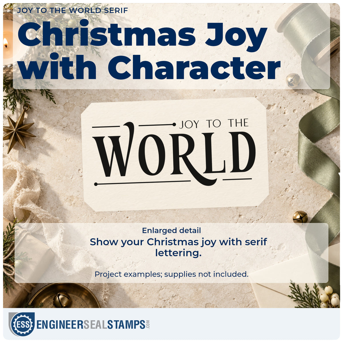 Enlarged detail of the Joy To The World Serif Lettering Pre-Inked Stamp – PSI imprint. The words "Joy to the world" emphasize "world" in large decorative serif letters with thin rules.
