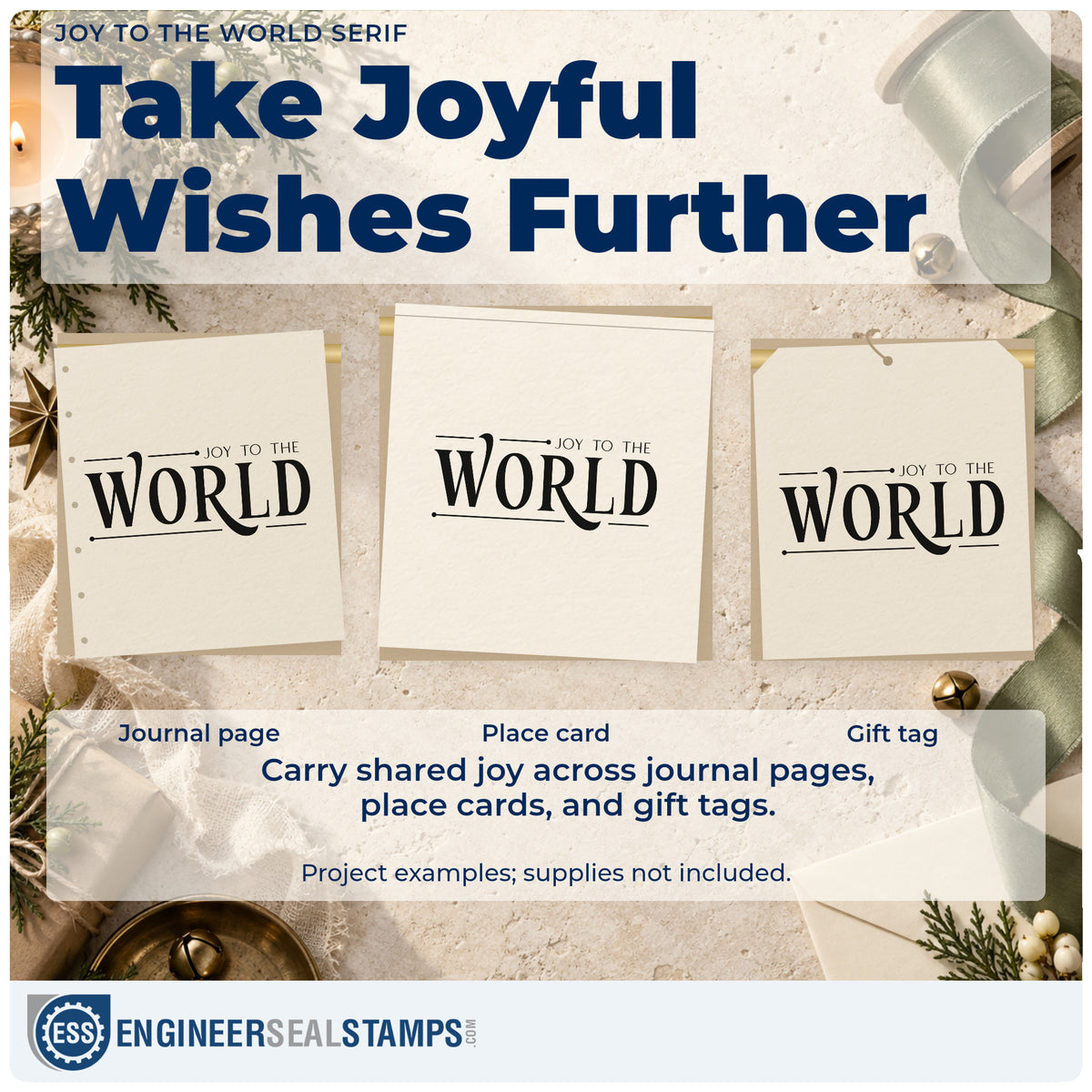 Three project examples made with the Joy To The World Serif Lettering Pre-Inked Stamp – PSI, including conclusion note sheet.