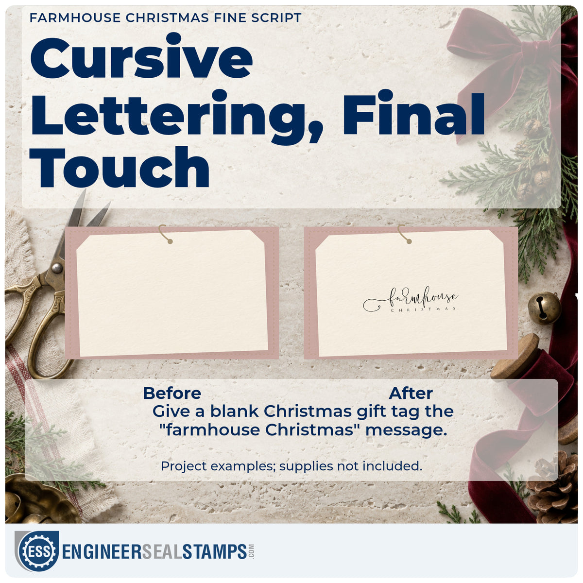 Before and after of a plain item finished with the Farmhouse Christmas Fine Script Rubber Stamp – Wood Handle, a quick upgrade for framed shiplap wall.