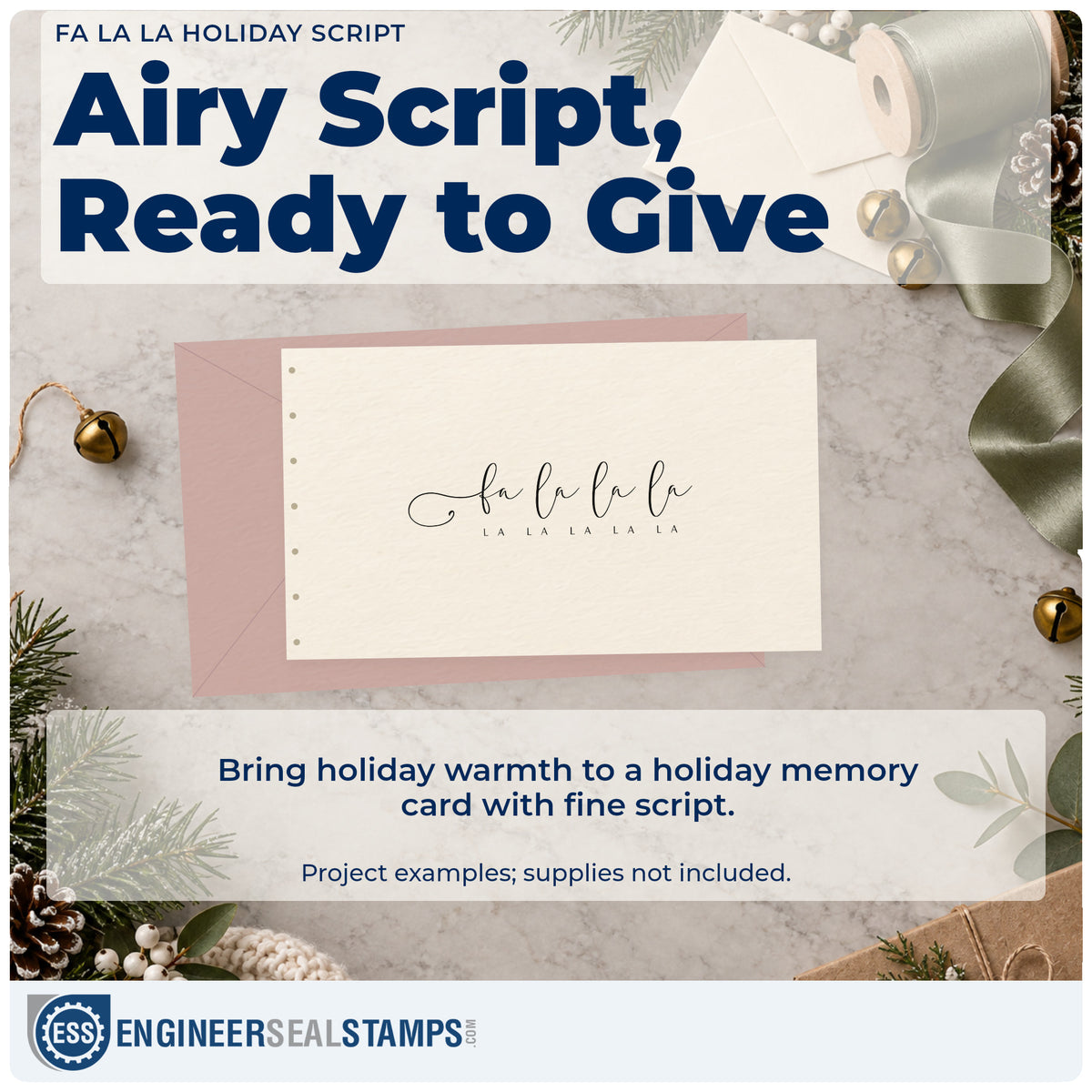A finished handmade project stamped with the Looping Fa La La With Small Lettering Rubber Stamp – Duo Hand, ideal for carol album page.