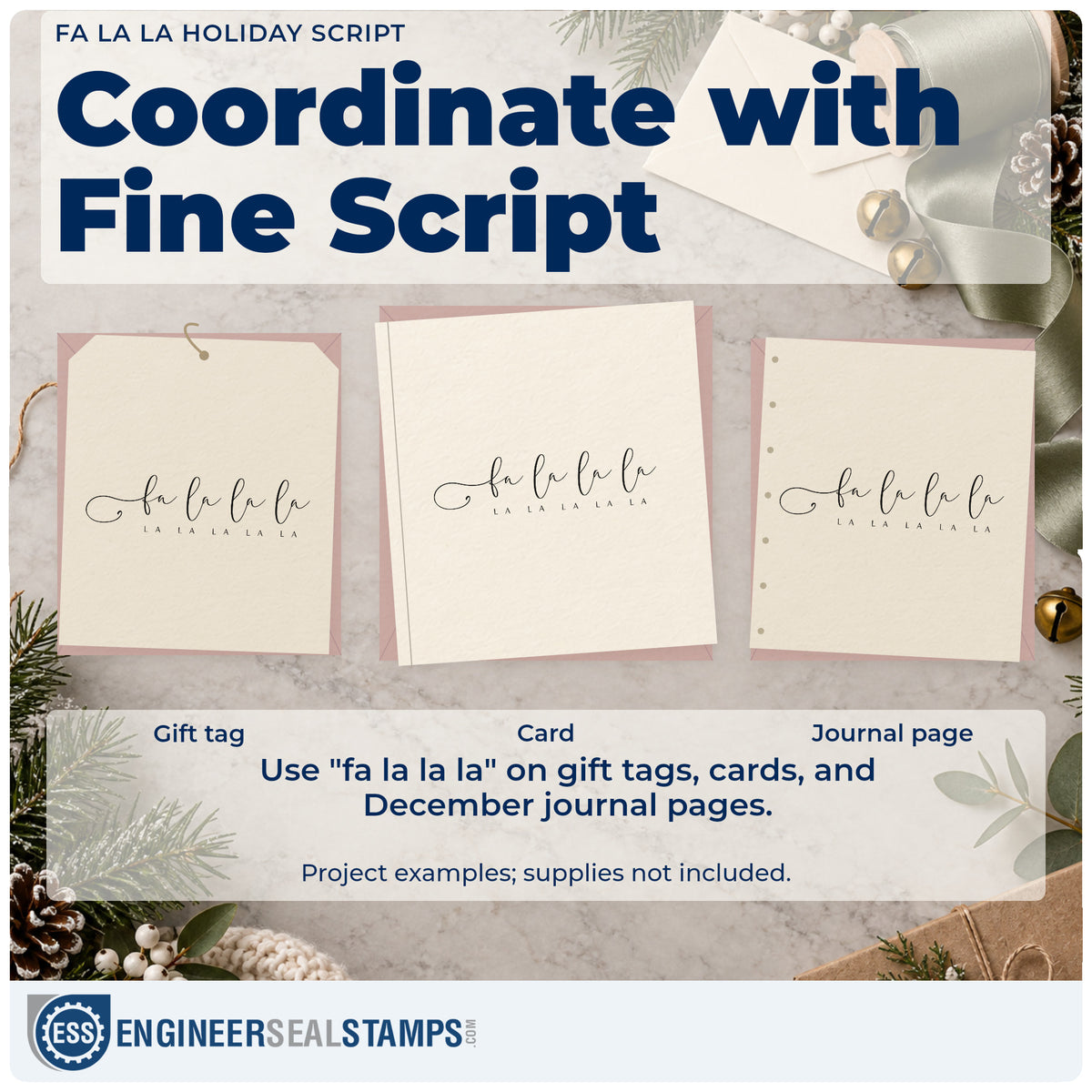 Three project examples made with the Looping Fa La La With Small Lettering Stamp – Premium Vintage Pro Wooden, including refrain note sheet.