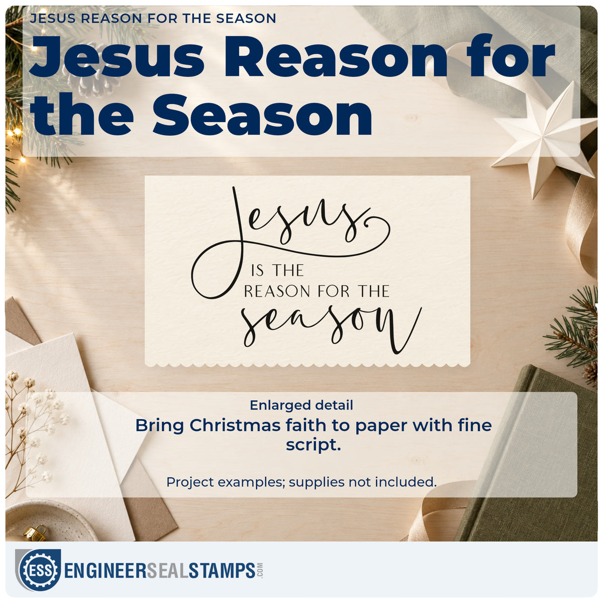 Enlarged detail of the Jesus Is The Reason For The Season Hand Stamp – Duo imprint. The words "Jesus is the reason for the season" combine fine script with small plain capitals.