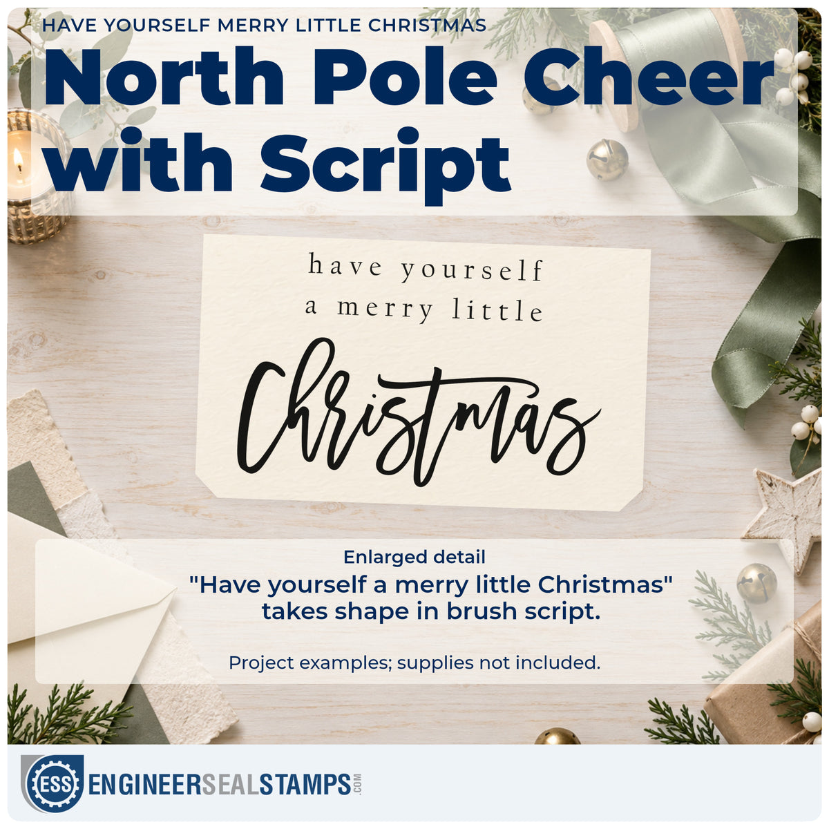 Enlarged detail of the Have Yourself A Merry Little Christmas Flowing Script Stamp – Premium Vintage Pro Wooden imprint. The phrase "Have yourself a merry little Christmas" uses small spaced text above a large brush-script word.