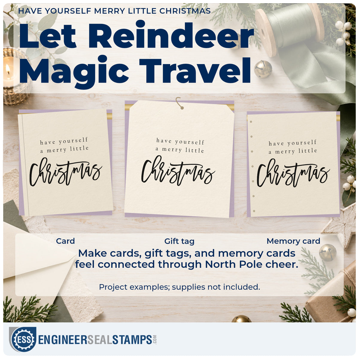 Three project examples made with the Have Yourself A Merry Little Christmas Flowing Script Stamp – Premium Vintage Pro Wooden, including stroke drill sheet.