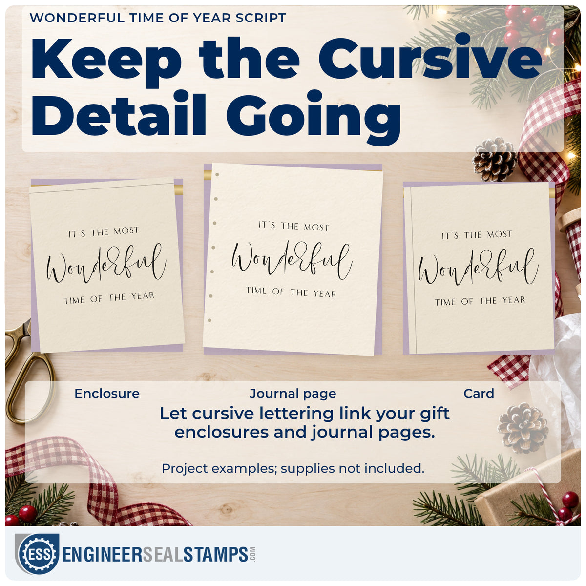 Three project examples made with the Vintage Pro Wonderful Time Of Year Script Premium Wooden Stamp, including header body sheet.