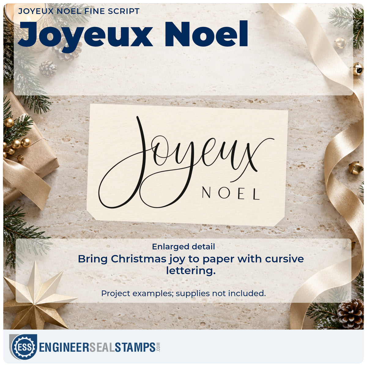 Enlarged detail of the Joyeux Noel Fine Script Pre-Inked Stamp – Slim imprint. The greeting "Joyeux Noel" combines a large cursive word with small widely spaced capitals.