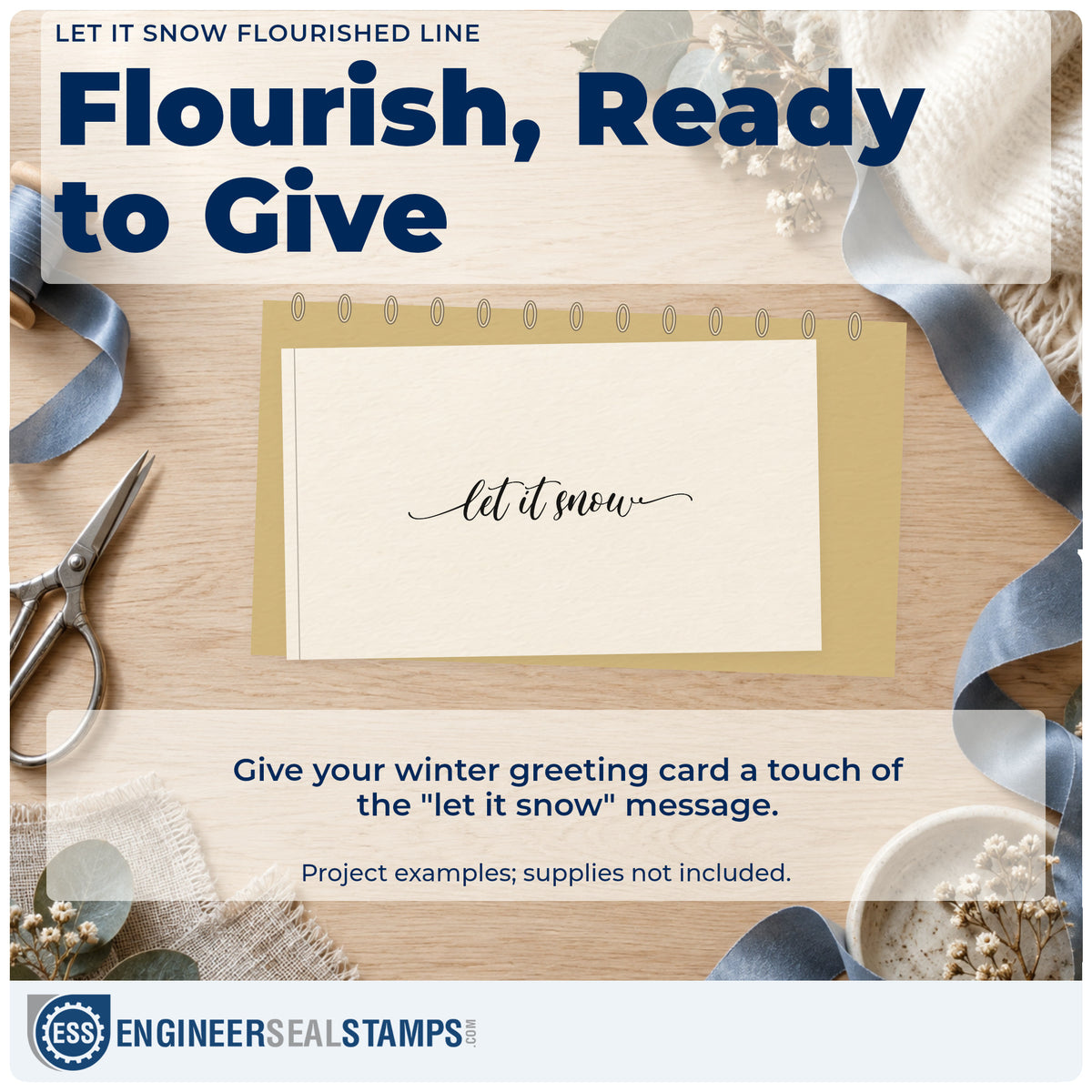 A finished handmade project stamped with the Let It Snow Flourished Line Rubber Stamp – Duo Hand, ideal for wide album spread.