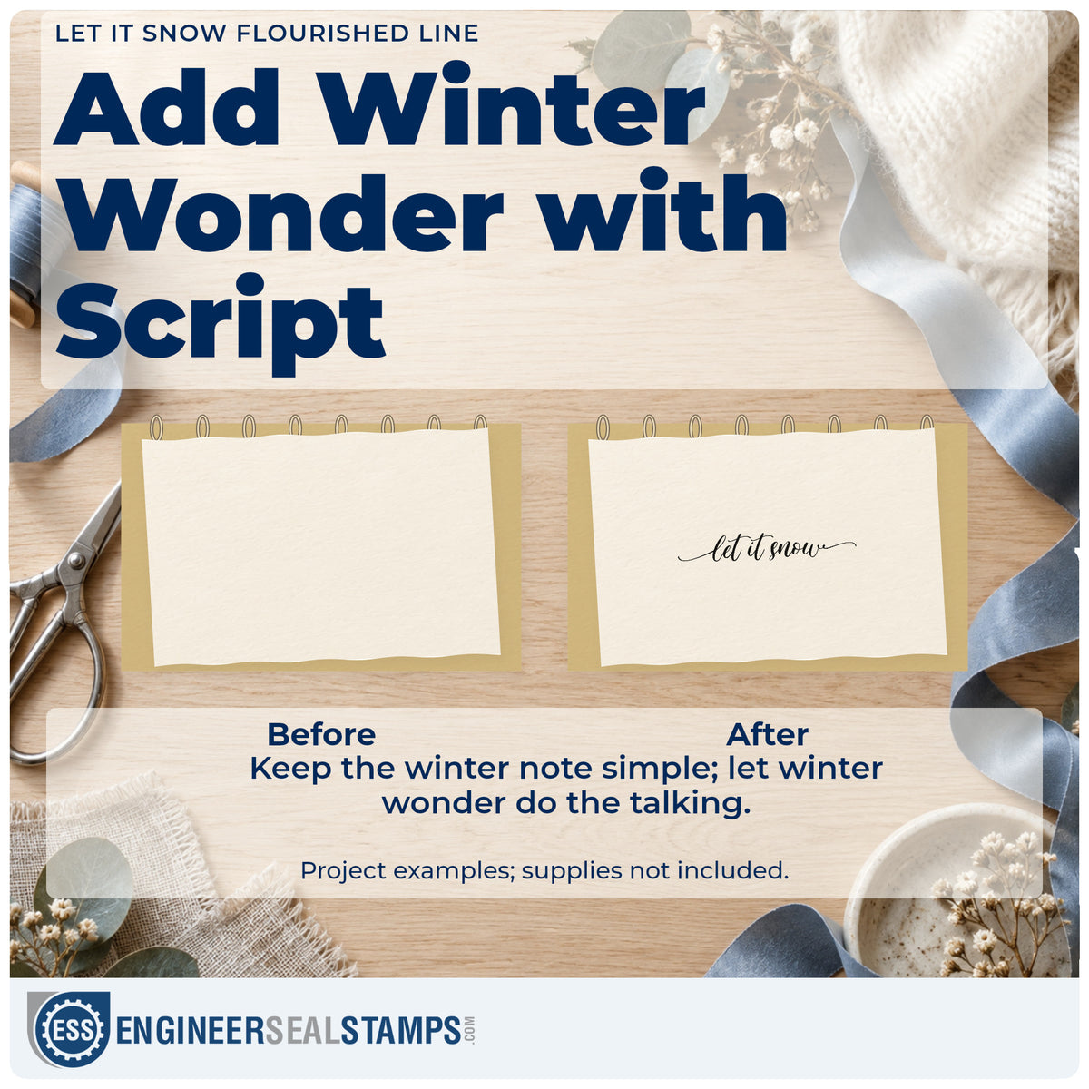 Before and after of a plain item finished with the Let It Snow Flourished Line Rubber Stamp – Duo Hand, a quick upgrade for framed long console.