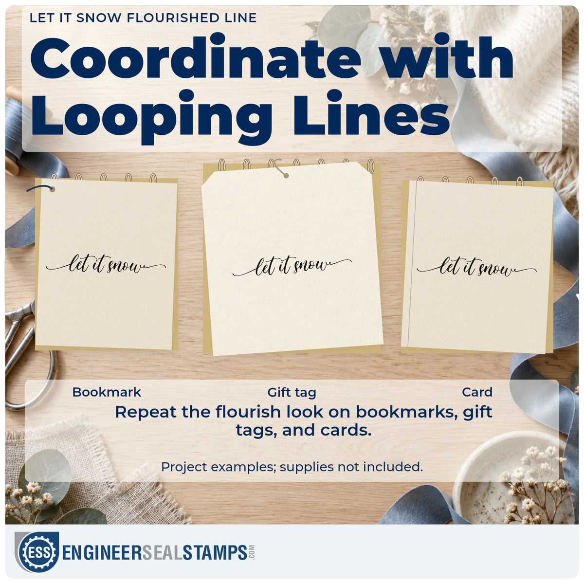 Three project examples made with the Let It Snow Flourished Line Rubber Stamp – Duo Hand, including letterhead top rule.